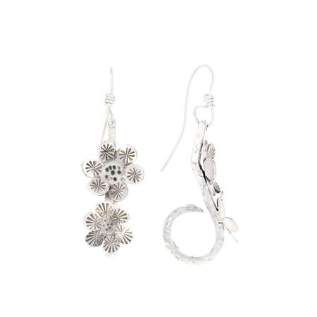 Silver Stamped Flower Hoop Dangle Earrings