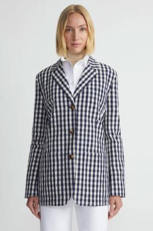 GINGHAM CRINKLE COTTON-LINEN THREE BUTTON BLAZER