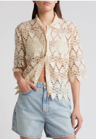 Lace Button Up Shirt in Ecru