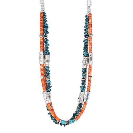 3 Strand Turquoise, Spiny Oyster, and Barrel Bead Necklace