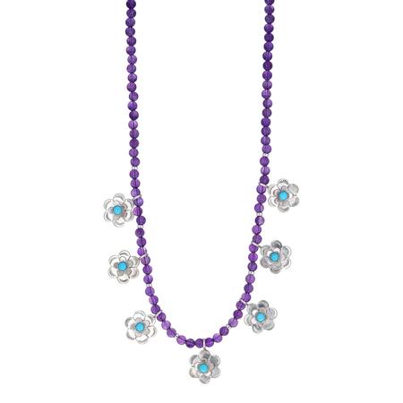 Amethyst Stamped Turquoise Flower Necklace