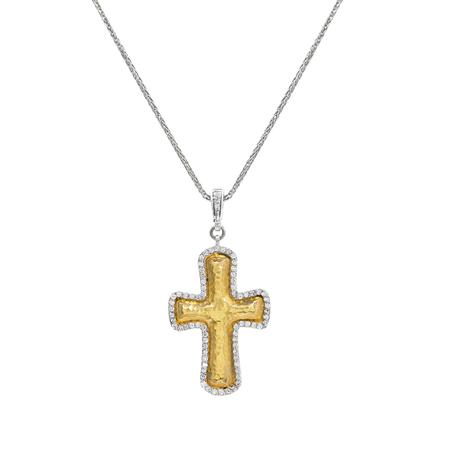 Silver and Gold Pave Diamond Cross Pendant Necklace
