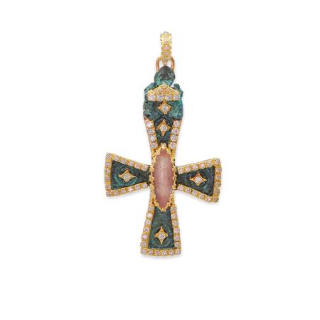 Gold Artifact Teal Patina Cross Pendant 