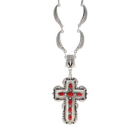 Turquoise and Coral Reversible Cross Pendant Necklace