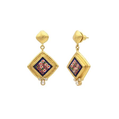 Gold Floral Micro Mosaic Single Drop Earrings