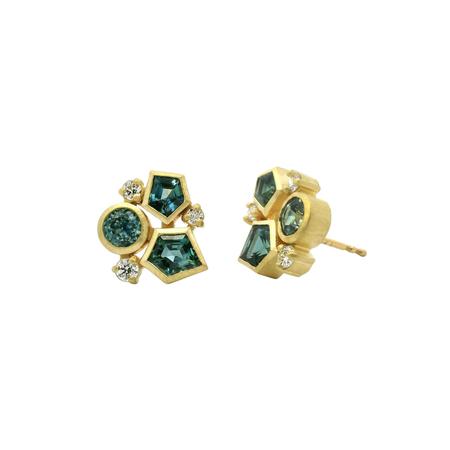 Teal Sapphire and Diamond Geometric Cluster Studs