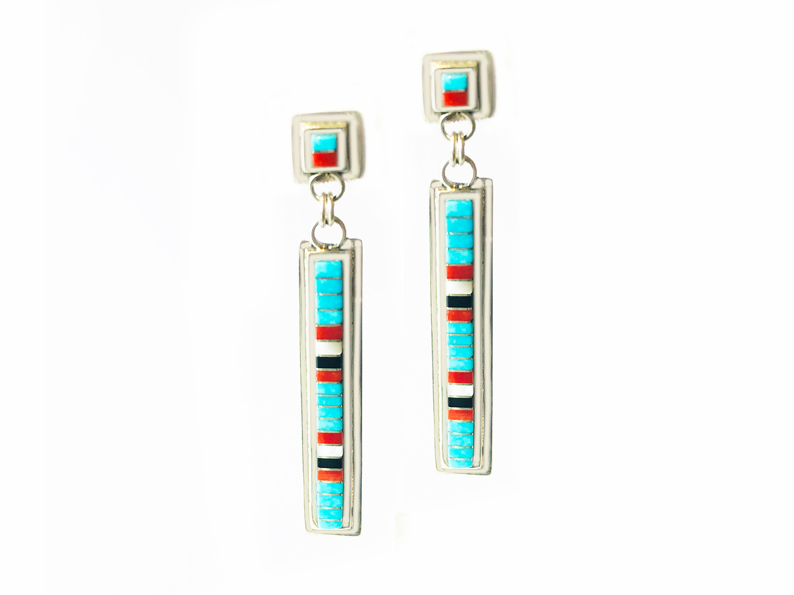 Ladies 10 stone Zuni Inlay Turquoise earrings sterling Silver signed 