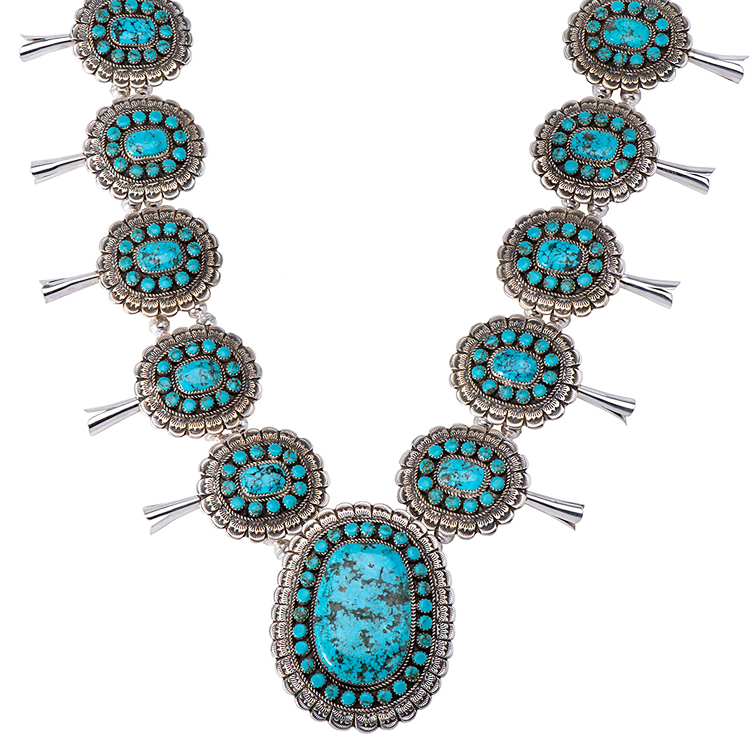 Sterling Silver Navajo Handmade Cluster Turquoise Squash Blossom Necklace Set 