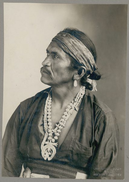 Chief Kia-E-Te-Nita in Native Dress with Squash Blossom Necklace and Silver Concha Belt - 1908
